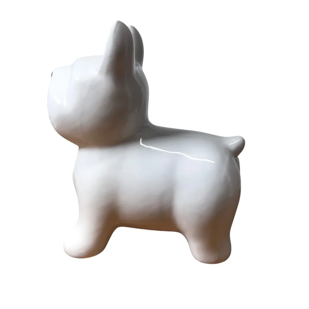 White Ceramic French Bulldog Figurine Gold Accents Minimalist Dog Statue Decor